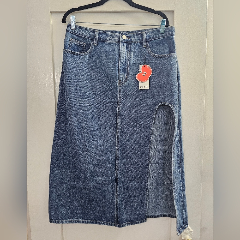 Cider Mid Wash Blue Denim Midi Skirt with High Side Slit
